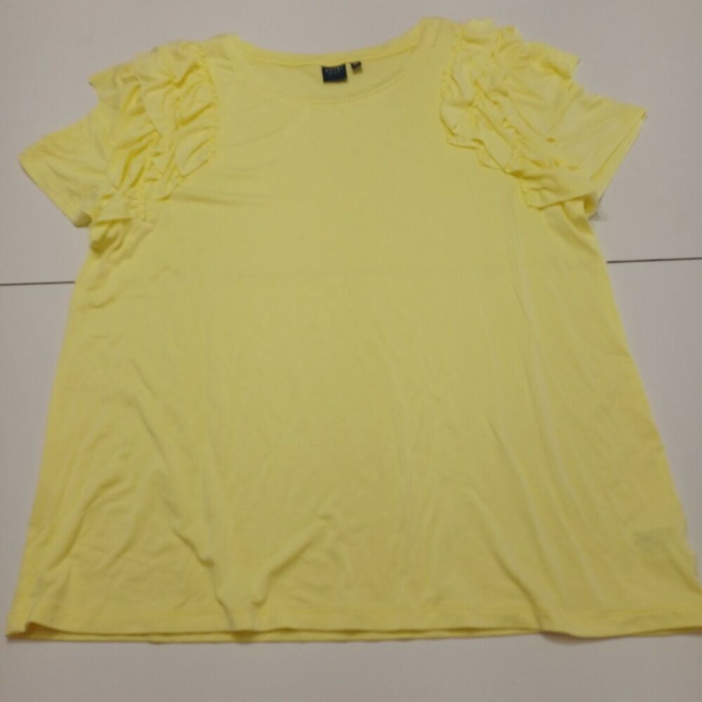 Kaari‎ Blue Womens Large Ruffled Shoulder Accent Sleeves Yellow Rayon Spandex